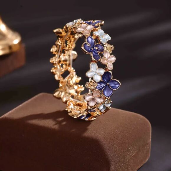 Elegant, Chic, Classy Blue & Pink Enamel Floral Bracelet - One Size - Picture 1 of 3